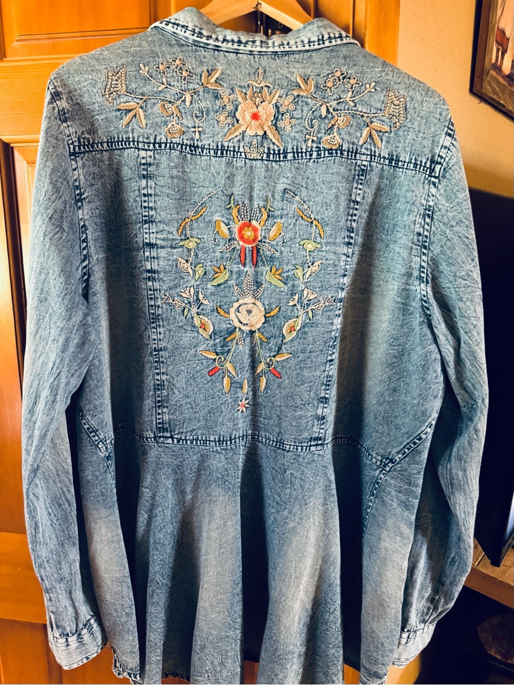 Nostalgia Light Wash Denim Shirt Jacket with Multicolor Floral Embroidery